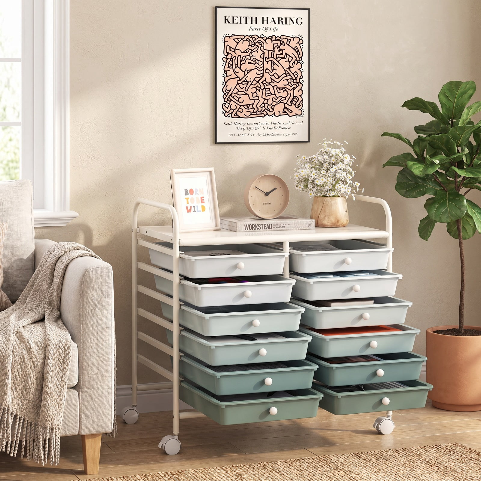Furnibear 12 Drawers Rolling Storage Cart for Home and Office-Green Gradient for Home Office Filing Document Letter Legal Storage, Gray