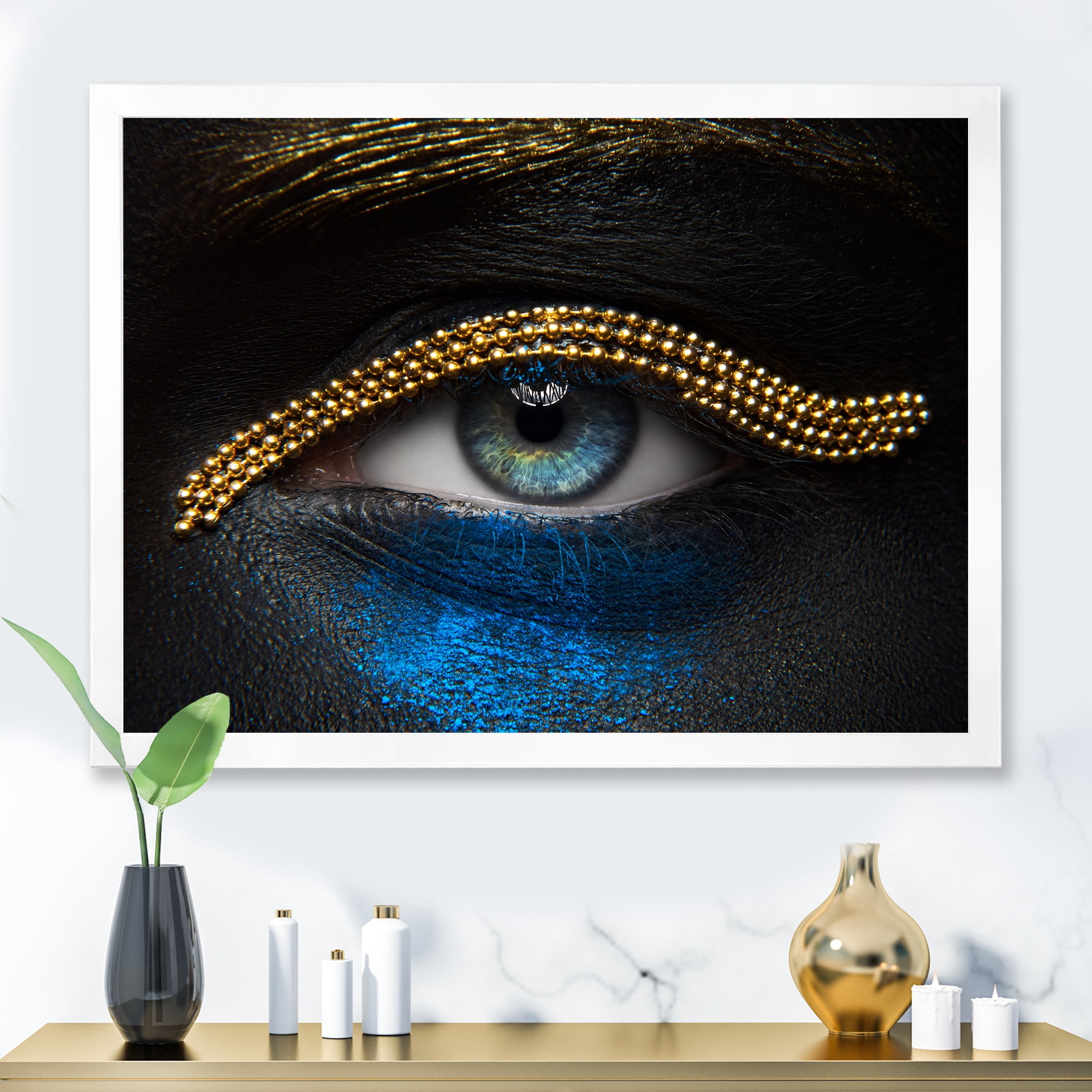 Designart 'Girl Eyes With Gold Chain and Blue Pigment' Modern Framed Art Print