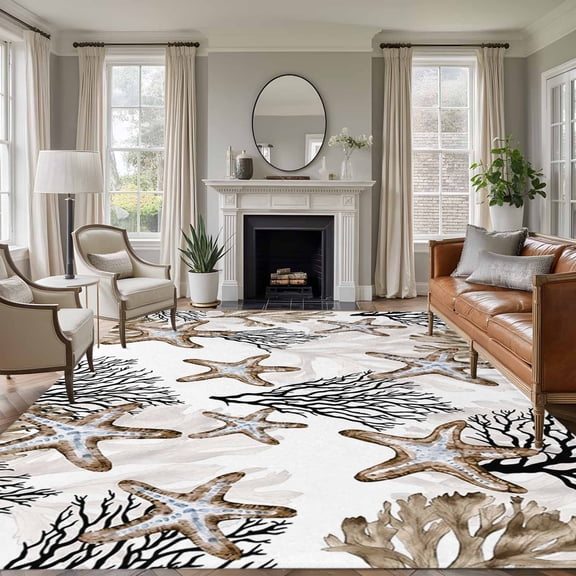 Rectangle Area Rugs 8 x 10 Ft, Coastal Brown Coral Non-Slip Residential Carpet, Summer Ocean Starfish Nautical Vintage Indoor Crawling Mats Runner Rugs for Living Room/Dining Room/Bedroom