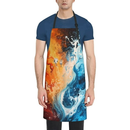 

Qekee Red And Blue Waves Print Waterproof Apron with Pockets Adjustable Cooking Aprons Kitchen Bib for Baking Household Cleaning
