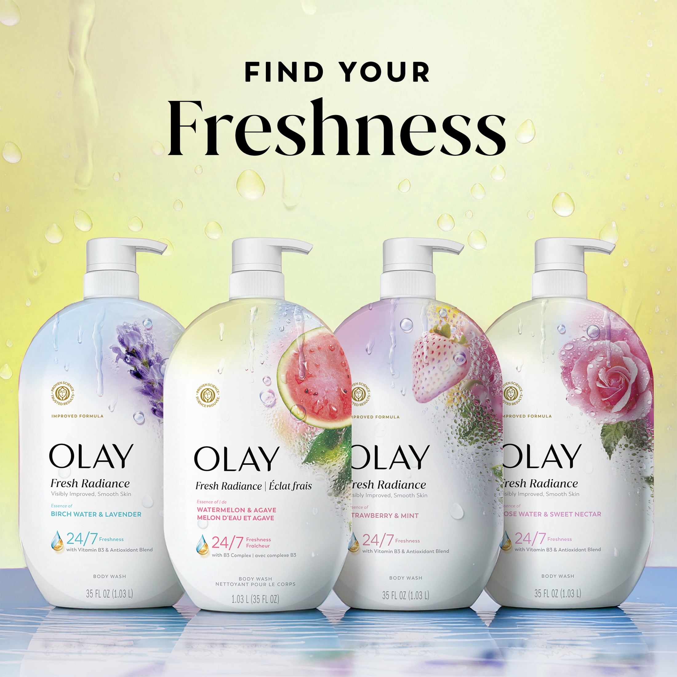 (4 pack) Olay Fresh Radiance Body Wash with Essence of Watermelon and Agave, Vitamin B3 and Antioxidant Blend, 35 fl oz