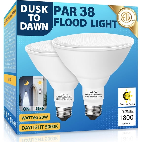CERPXFF-2 Pack LED PAR38 Dusk to Dawn Flood Light Bulbs Outdoor 20W(200W Equivalent) E26 Base Flood Light Bulbs,5000K Daylight 1800 Lumens LED Flood Light for Outdoor Garden,Garage,Yards