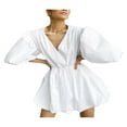 thumbnail image 3 of Robe Mini à Manches Bouffantes Mi-Longues pour Femmes Col en V Taille Haute Robe Courte à Volants, 3 of 6