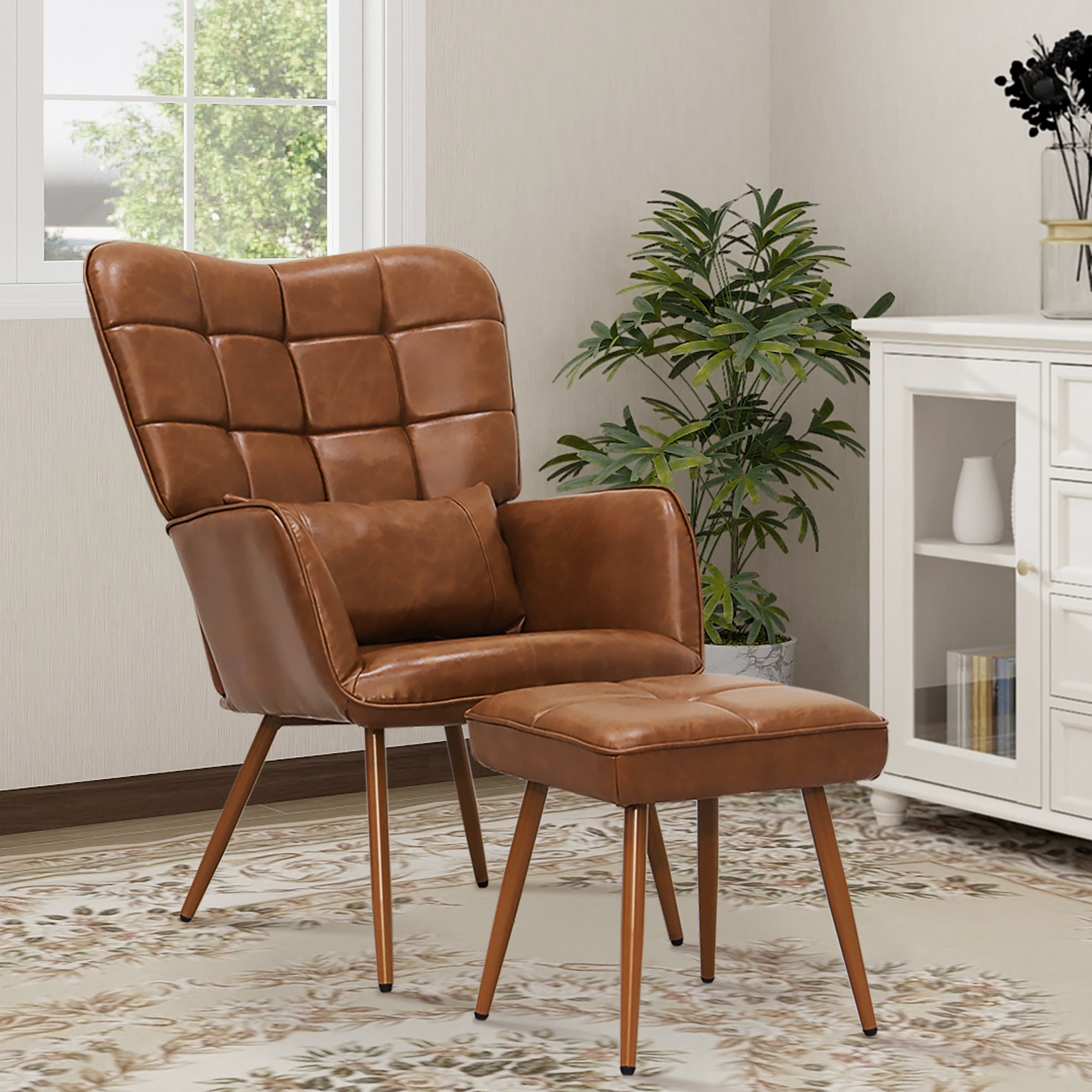 Abble Faux Leather Accent Chair with Ottoman and Toss Pillow for Living Room, Bed Room, Brown