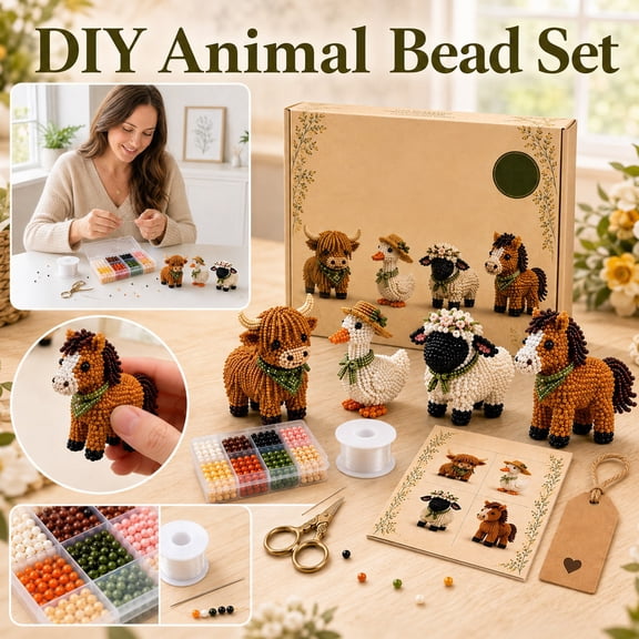 3D Beaded Animal Making Kit with 4 Farm Figures, Diy Bead Craft Set for Student Ages 8-12, Arts and Crafts Activity Gift