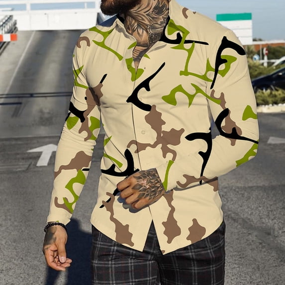 Aayomet Shirts For Men Men Autumn Winter Single Casual Lapel Full Print Beach Long Sleeve Mens Workout Shirts Beige,M