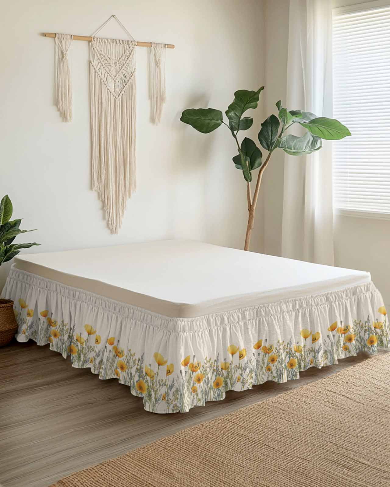 Minimalism Yellow Floral Bed Skirt Queen Size 18" Drop Watercolor Plants Linen Background Ruffled Wrap Around Bed Skirts Adjustable Elastic Bedskirt Dust Ruffle for Queen Size Bed