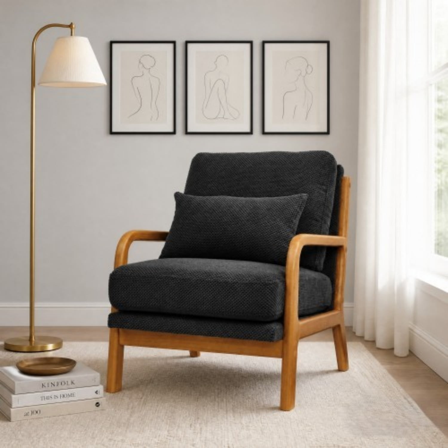 Wooden Lounge Accent Chair with Solid Wood Armrests, Upholstered Reading Chair with High-Density Foam Cushion, Modern Leisure Armchair for Living Room, Bedroom, Balcony & Office, Dark Gray