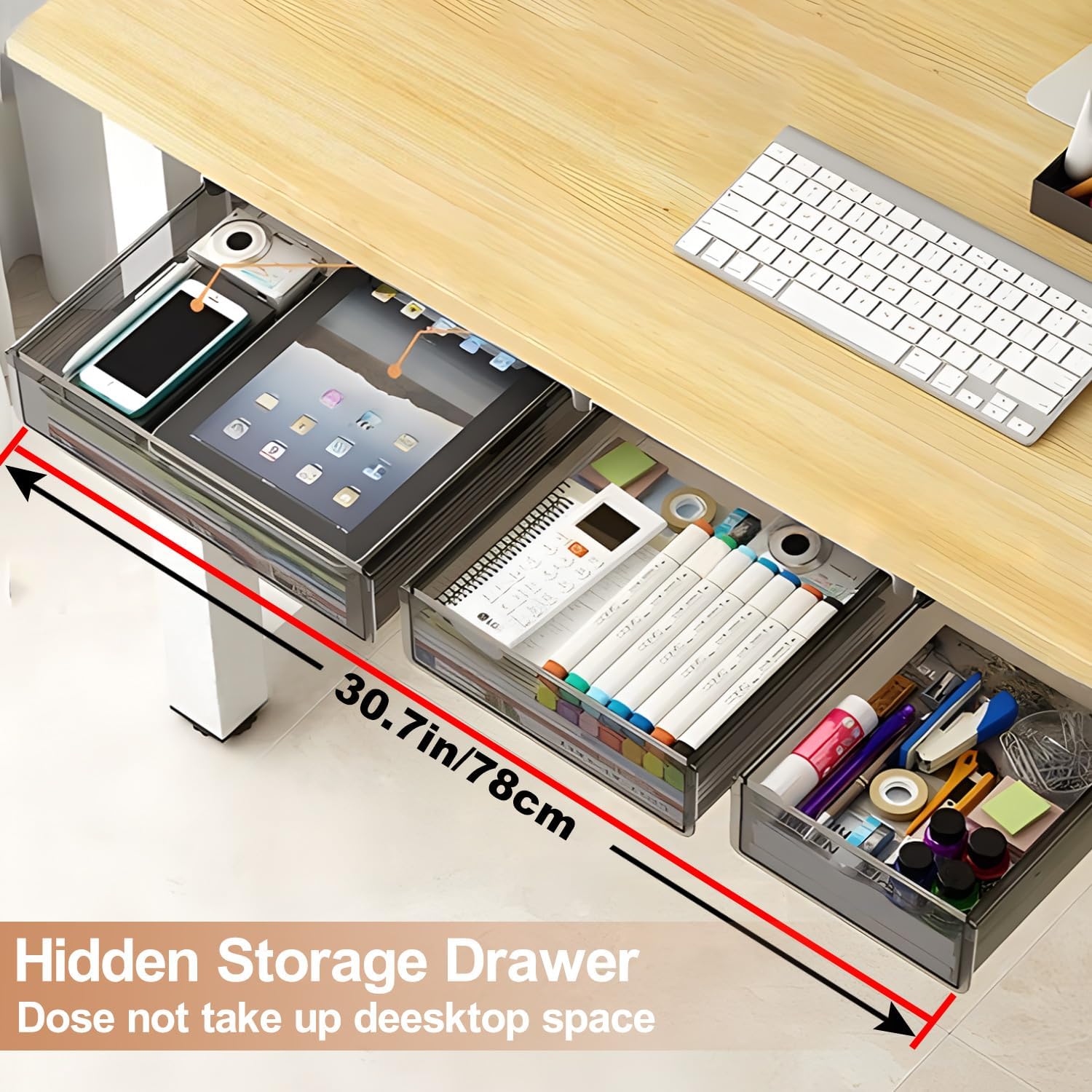 Under Desk Table Drawer Storage Organizer,3 Pack Large & Medium & Small Slide Out Desk Drawers - Hidden Desktop Organizer,Attachable Pencil Storage Tray Under Table(SML)