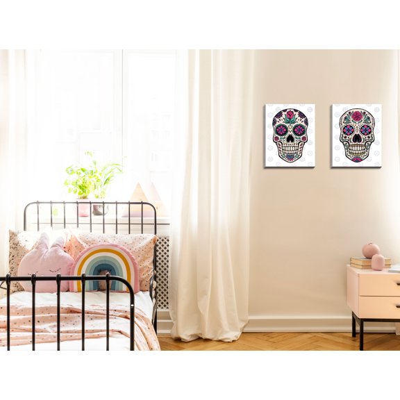 Gango Home Decor Eclectic Sugar Skull & Sugar Skull IV on Gray; Two 11x14in Hand-Stretched Canvases