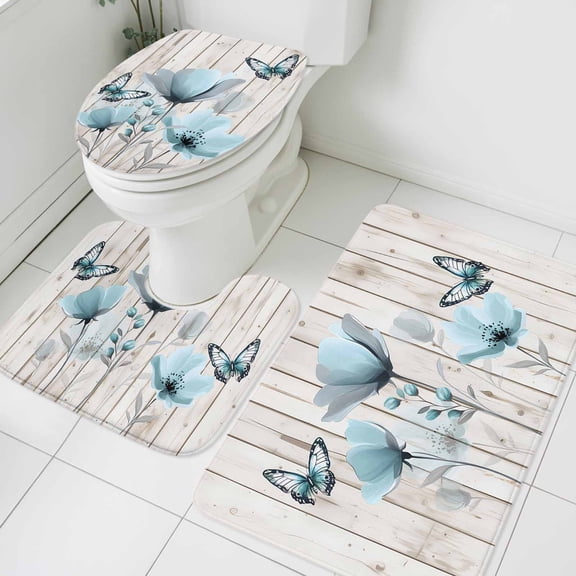 Spring Flowers Bathroom Rugs Set Watercolor Teal Floral Leaf Butterfly Beige Wood Grain Non Slip Absorbent Bath Mats 3 Piece Set with Bathroom Rug, U-Shaped Floor Mat, Toilet Seat Cover Small Size