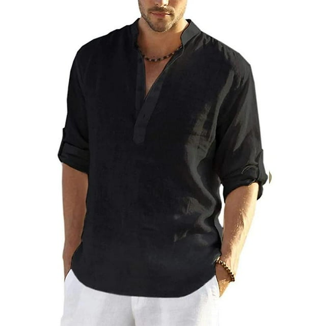 Chemise Homme en Lin à Manches Longues Couleur Unie Chemise Décontractée Coton