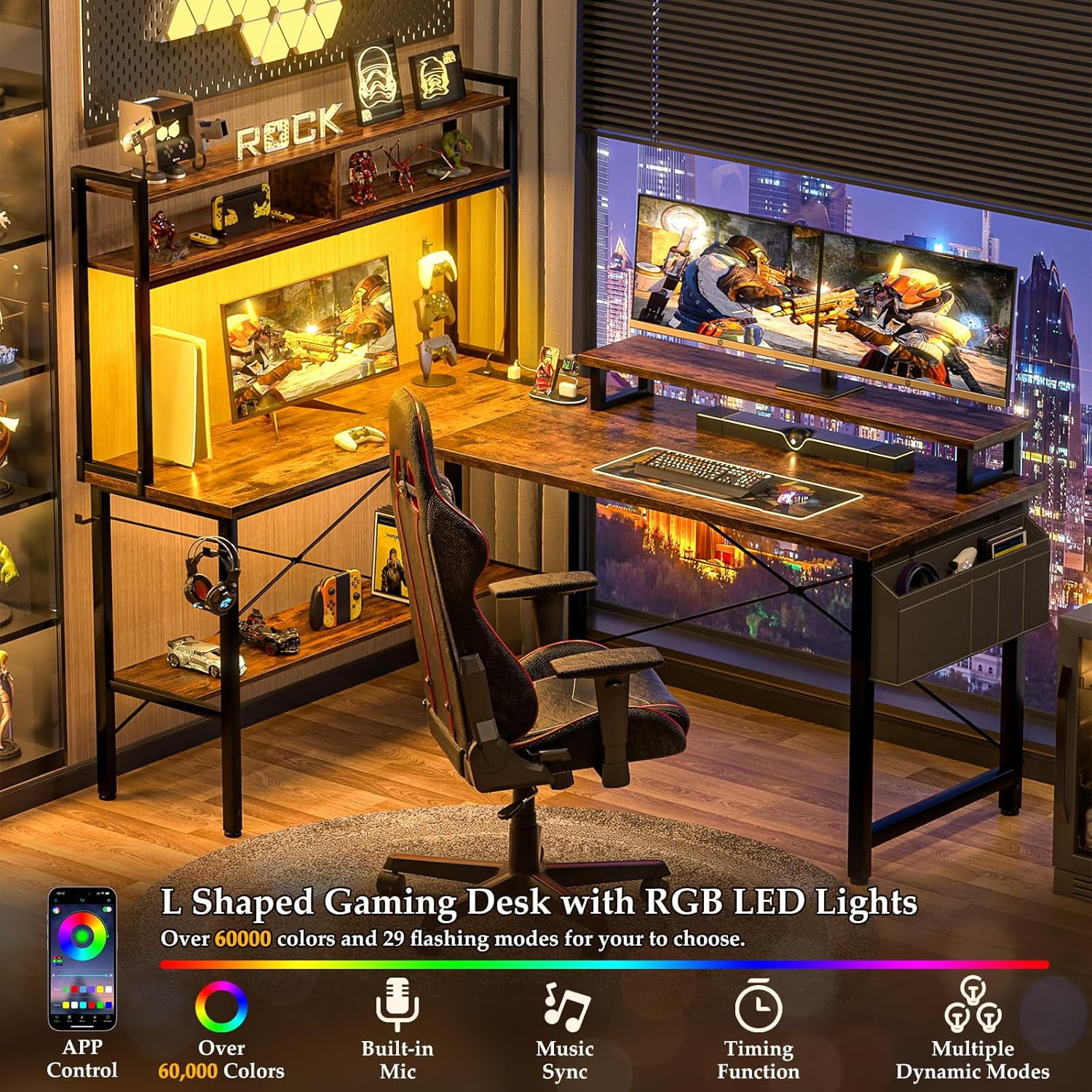 iSunirm Reversible L Shaped Gaming Desk with LED Lights & Power Outlets, 49'' Small L Shaped Computer Corner Desk with Monitor Stand and Storage Shelf, for Home & Office, Rustic Brown