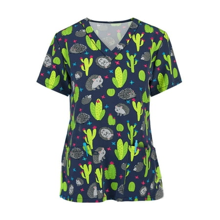 

Cute Animals Scrubs Top for Women Cartoon Animal Patterned Uniforms Nursing Scrub Tops Print Medical Workwear