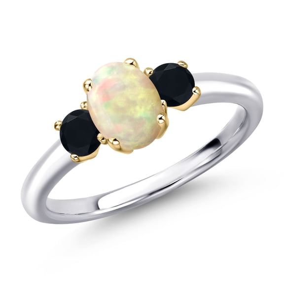 Gem Stone King 925 Silver and 10K Yellow Gold White Ethiopian Opal and Black Onyx Engagement Ring for Women | 0.77 Cttw | Oval Cabochon 7X5MM | Gemstone October Birthstone | Size 5