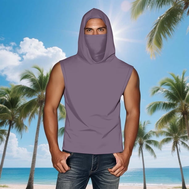 mfyjkho Tops De Gimnasio Para Mujer, Camiseta Unisex De Verano Informal De Color Liso Sin Mangas Con Capucha Y Protector Solar De Seda Helada Con Mascarilla Tops De Tallas Grandes Xl