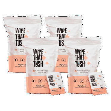 MightyGood Wipe That Tush Flushable Wipes - 120 Individually Wrapped Wipes (4 packs of 30 wipes each) Fragrance Free Travel Friendly