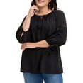 thumbnail image 1 of GRACE & GRANDEUR Blouse Tunique Paysanne pour Femme Grande Taille Manches 3/4 Col à Nouer Ajourée Printemps Automne 3X Noir, 1 of 7