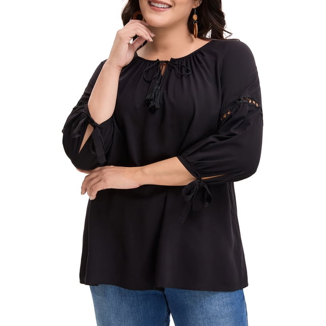 GRACE & GRANDEUR Blouse Tunique Paysanne pour Femme Grande Taille Manches 3/4 Col à Nouer Ajourée Printemps Automne 3X Noir