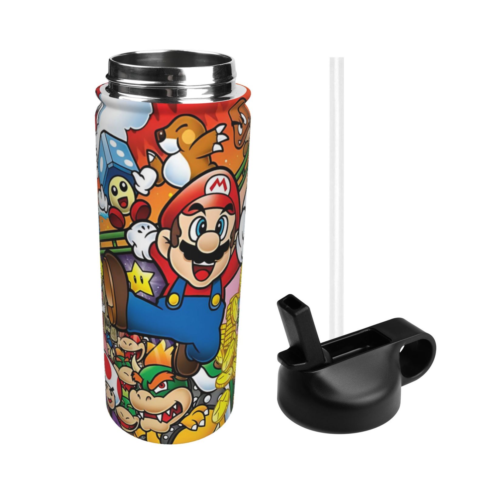 Super Mario Insulated Stainless Steel Wide Mouth Water Bottle With Flex Straw Lid For Kids Sports School And Travel 18oz Cute Thermos Reusable Leak Proof