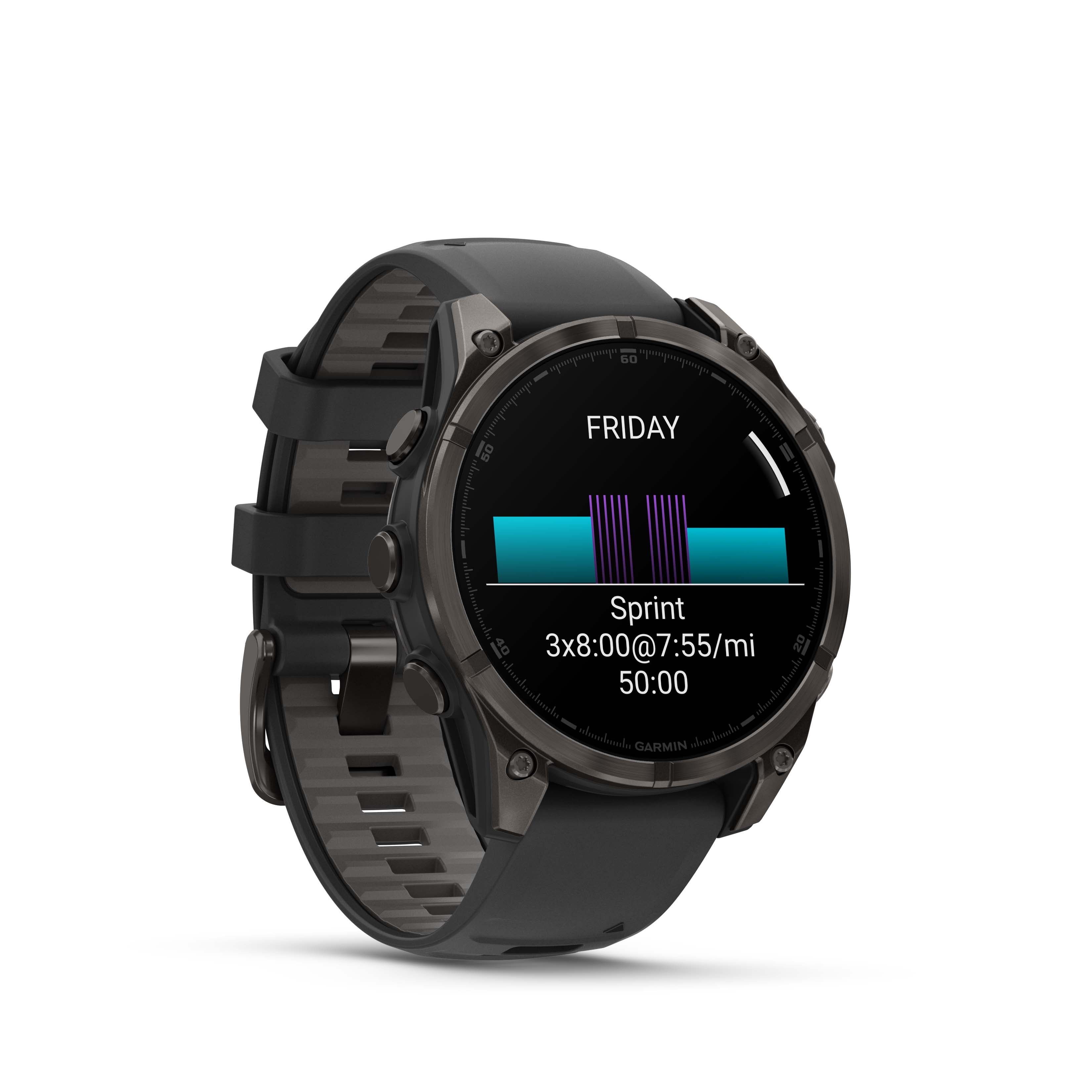 Montre intelligente GPS Garmin fēnix® 8 avec écran AMOLED et objectif saphir - 47 mm - Lunette en titane DLC gris carbone avec bracelet en silicone noir/gris galet