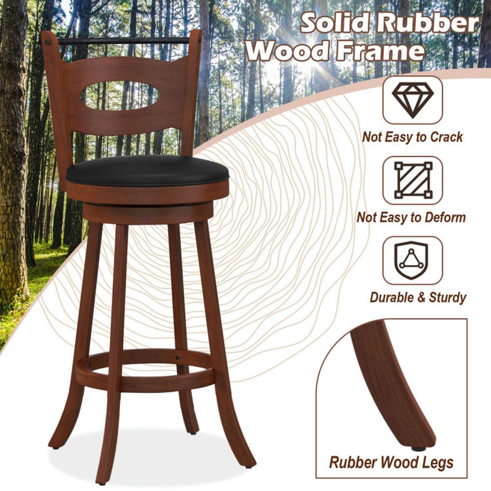 Demi Bonn 29" 2 Pieces Swivel Bar Stools with Curved Backrest and Seat Cushions, Modern Dining Chair, Brown