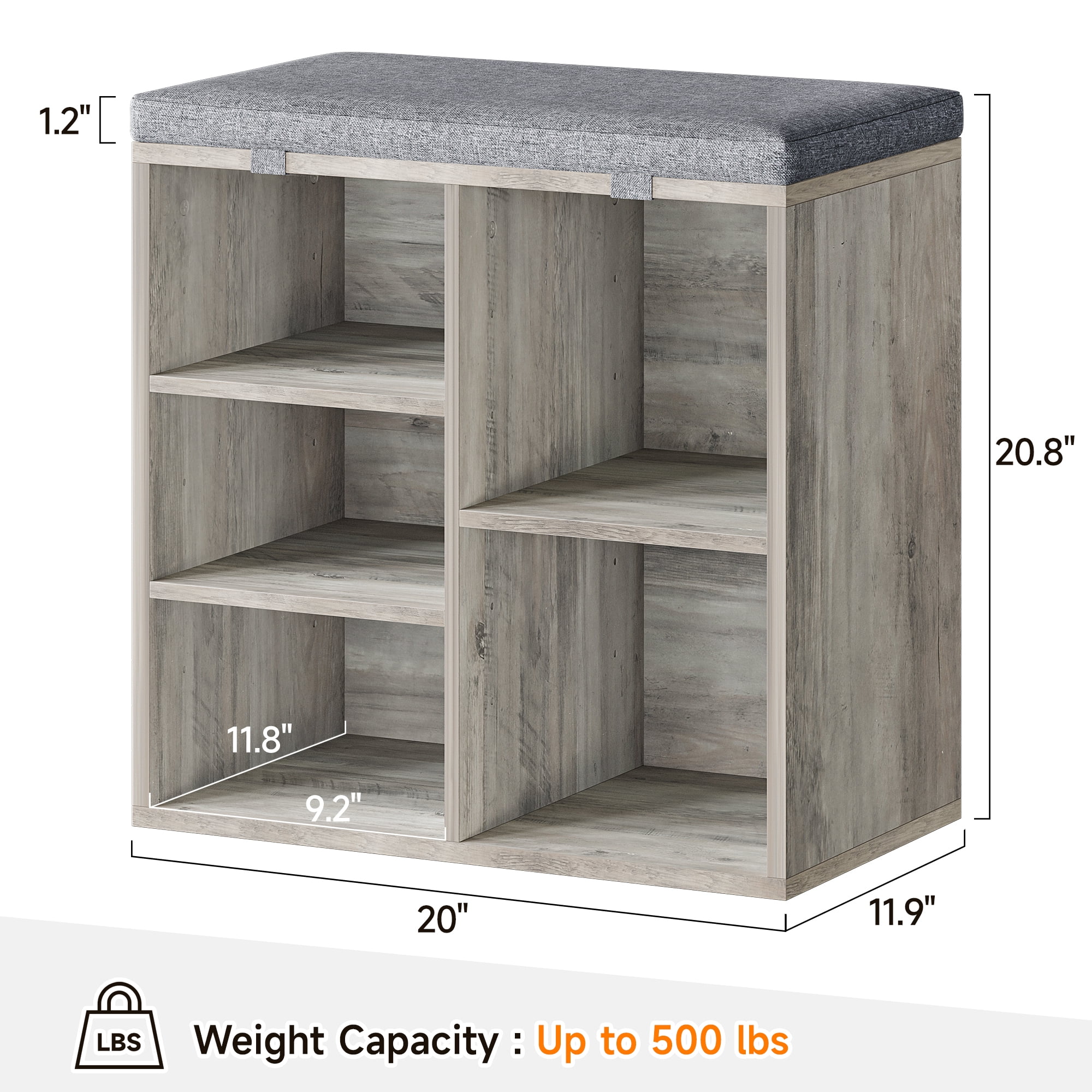 Cubby Shoe Storage Bench with Foam Padded Seat Cushion and Side Pocket - Shoe Rack Bench with 5Cubbies Organizer for Entryway Bedroom Living Room Dorm Small Apartment (20 x 12 x 21 Inches)