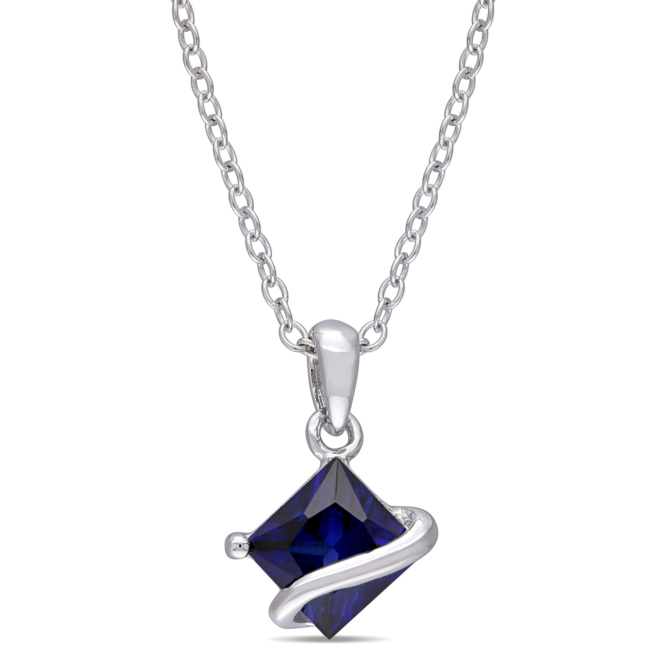 925 Silver Lab Created Blue Sapphire & CZ Rectangle Necklace 18" 