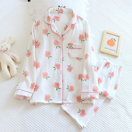 

Spring New Ladies Pajamas Set Heart Printed Crepe Cotton Double-layer Gauze Turn-down Collar Long-sleeve Trousers Household Wear