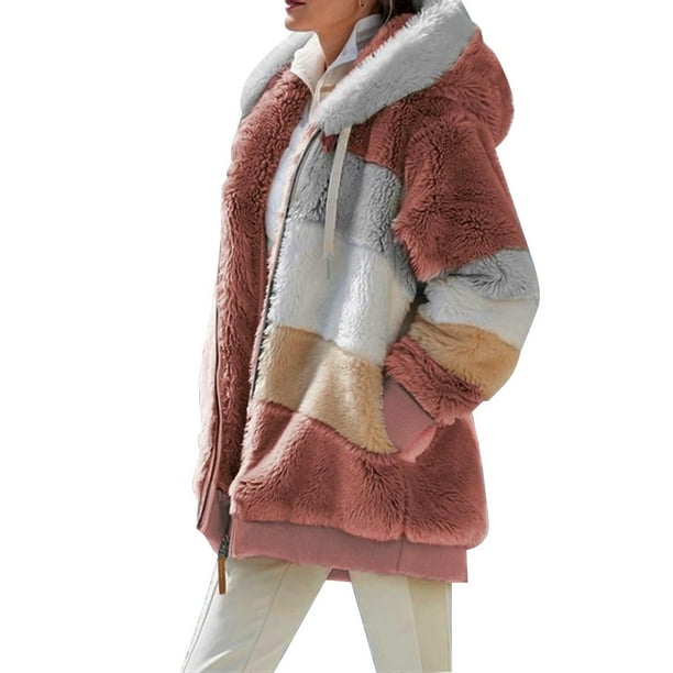 Moda mujer invierno abrigo de felpa empalme con capucha manga larga cremallera bolsillo cálido Irfora Abrigo de mujer