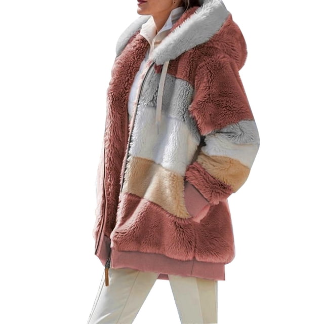 Moda mujer invierno abrigo de felpa empalme con capucha manga larga cremallera bolsillo cálido Irfora 3X-grande