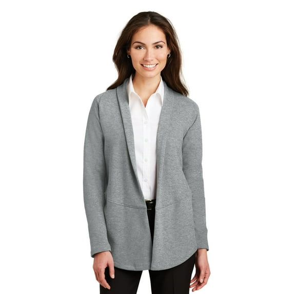 Port Authority L807 Ladies Interlock Cardigan, Medium Heather Grey/ Charcoal Heather, XS