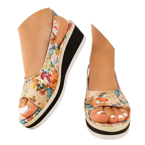 Fiaer Women's Floral Wedge Sandals Lightweight on Sandals with Cushioned Insole High Wedge Shoes for Everyday Stylish Wear Yellow 9.5