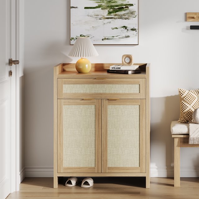 PIONEERWORKS Rattan Sideboard Storage Cabinet with Doors and Drawer, Buffet Cabinet with Adjustable Shelf and Solid Wood Feet, Shoe Cabinet for Hallway, Entry, Living Room, Brown
