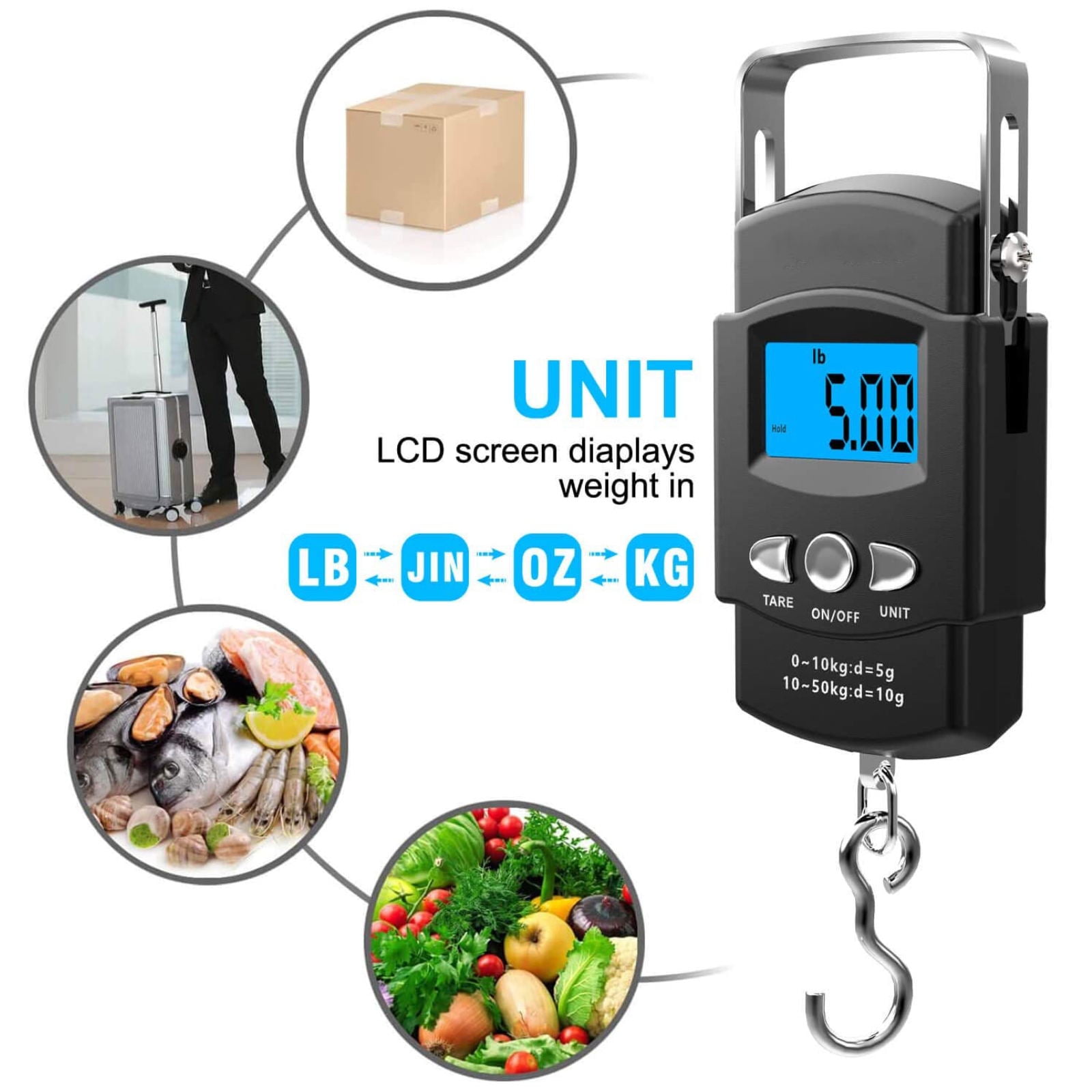 110lb/50kg Digital LCD Weight Scale, EEEkit Portable Luggage Scale,  Handheld Electronic Hanging Hook Scale 