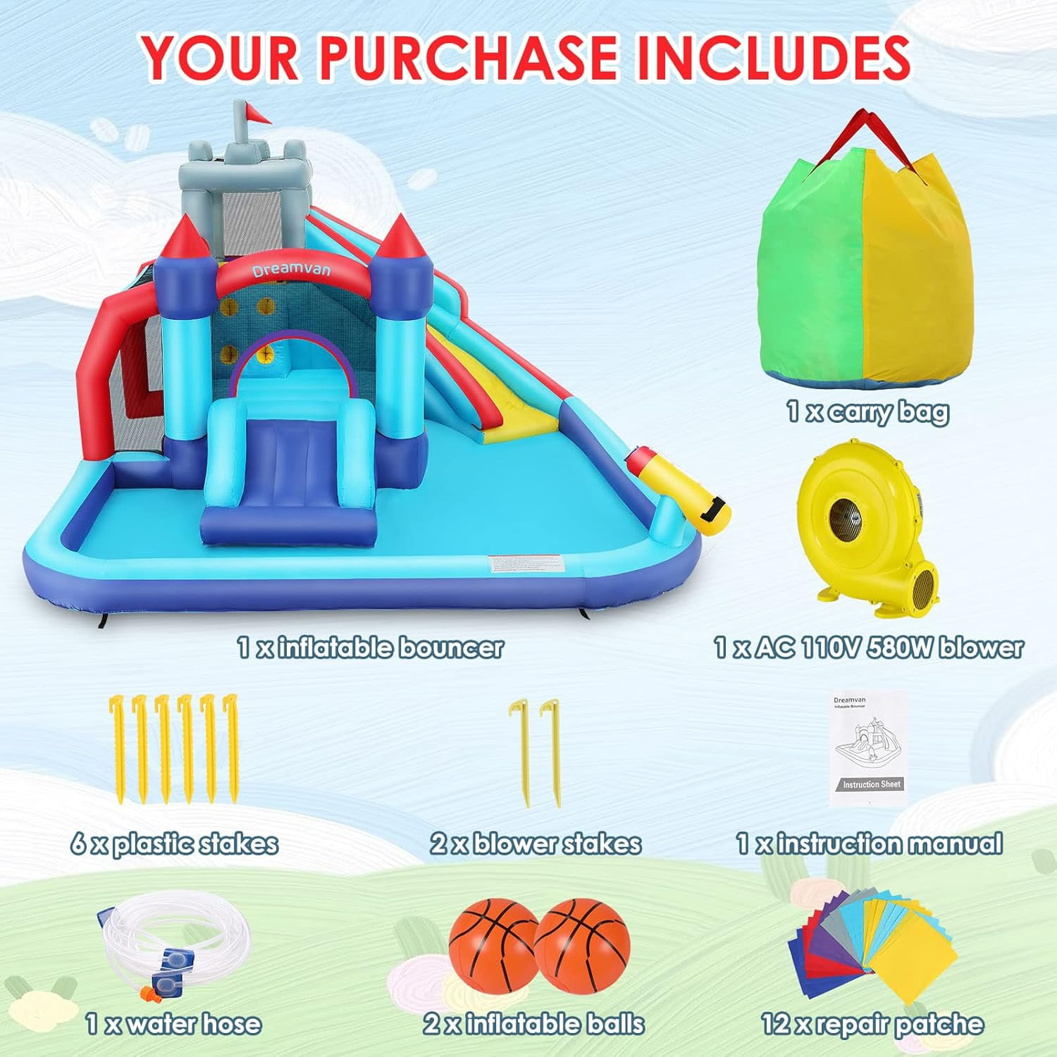 Veeboto Inflatable Bounce House for Toddlers with Blower, Inflatable Water Slide with Bouncing Slides, Climbing Wall, Bouncing Area, Basketball Hoop, Water Gun, Inflatable Castle with Football Area