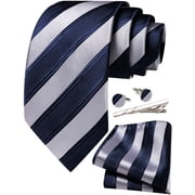 Mens Navy Blue Grey Striped Tie and Pocket Square Set Silk Necktie Handkerchief Cufflinks Tie Clip Business Formal