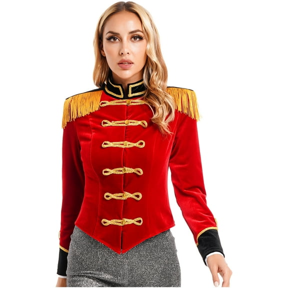 Haitryli Women's Ringmaster Costume Velvet Tassel Victorian Jacket Showman Cosplay Stage Shows Red XL