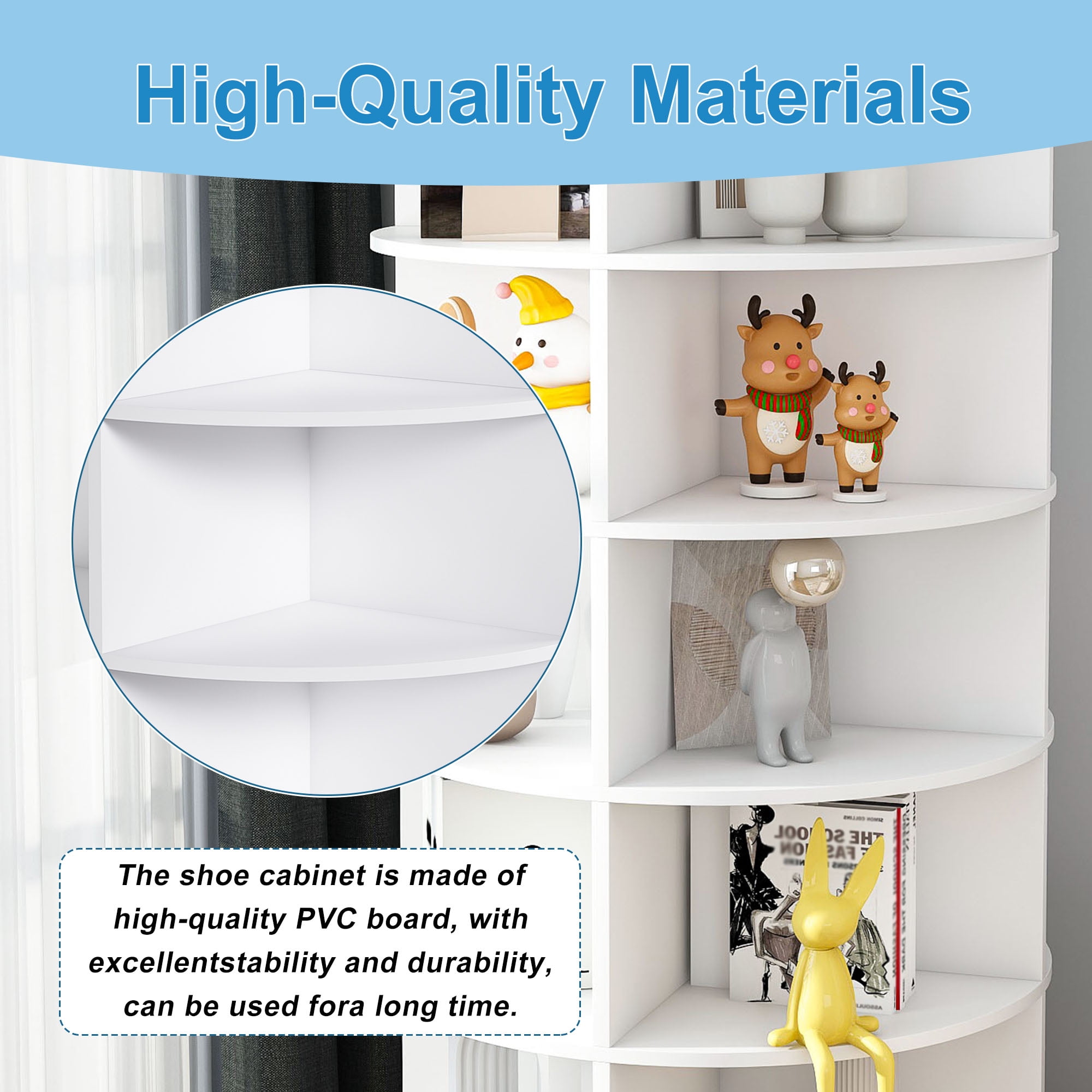 CQSXDA Rotating Shoe Rack Tower in White, 8-Tier Free Standing Revolving Organizer Holds Up to 32 Pairs of Shoes