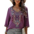 thumbnail image 1 of Women's Summer Boho Embroidery Mexican Bohemian Tops V Neck 3/4 Sleeve Causal Loose Shirt Blouse Tun, 1 of 5
