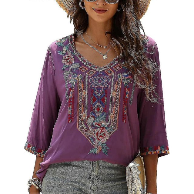 Women's Summer Boho Embroidery Mexican Bohemian Tops V Neck 3/4 Sleeve Causal Loose Shirt Blouse Tun