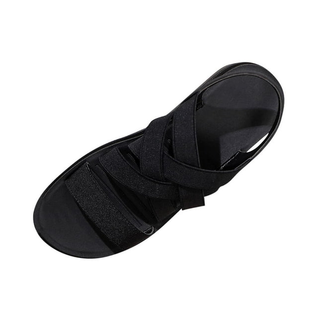 Black Ladies Flat Sandals With Round Toe Open Toe Elastic Cross Strap Design Breathable For Casual Spring Summer Indoor Outdoor Everyday Wear Size 36