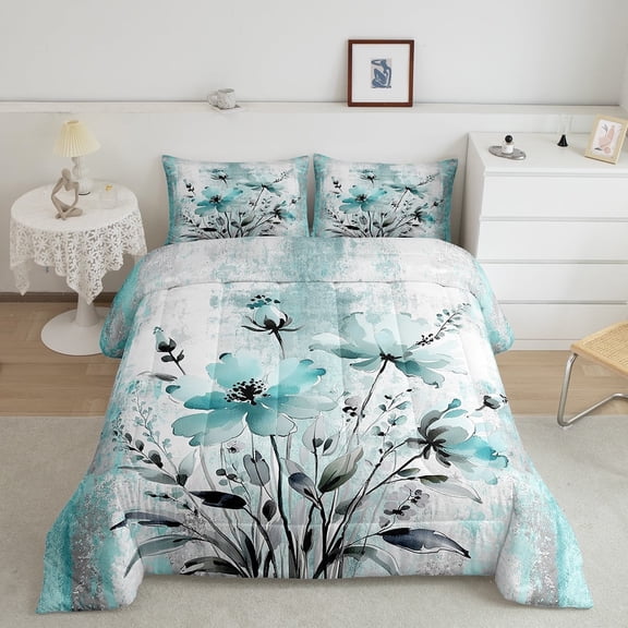 Erosebridal Groovy Daisy Comforter Sets Queen Size, Flower Floral Comforters & Duvets, Cyan Watercolor Bedding Queen Comforter Set, Ultra Soft Room Decorative, 3-Piece