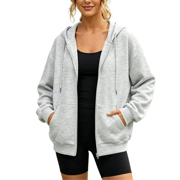 TRUNZI Full Zip Up Hoodies for Women Casual Oversized Long Sleeve Drawstring Cute Hooded Sweatshirts with Pockets for Fall Winter,Gray,Size L