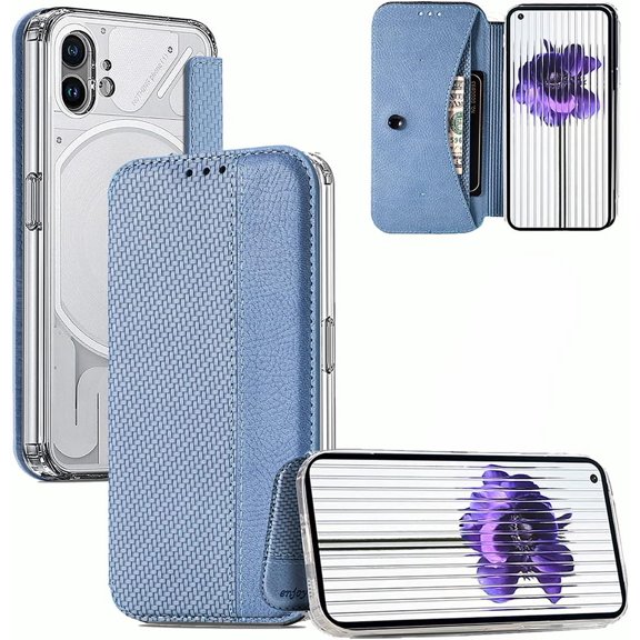 Clear Case for Nothing Phone 1 with Card Holder, Fiber Pattern PU Leather Wallet Flip Shockproof Phone case Cover for Nothing Phone 1 QW Blue