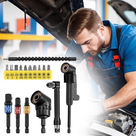 Flexible Drill Bit Extension Set 105 Degree Right Angle Screwdriver Socket 17 Pcs (black )