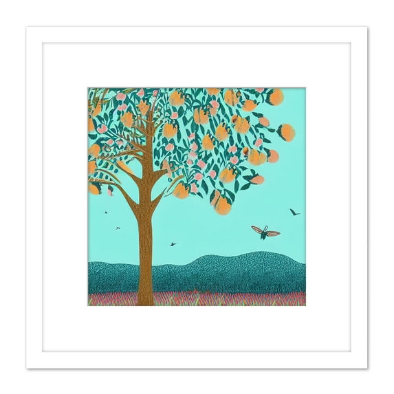 Apricot Orange Blossom Tree By Hillside Landscape in Summer Folk Painting Square Wooden Framed Wall Art Print Picture 8X8 Inch