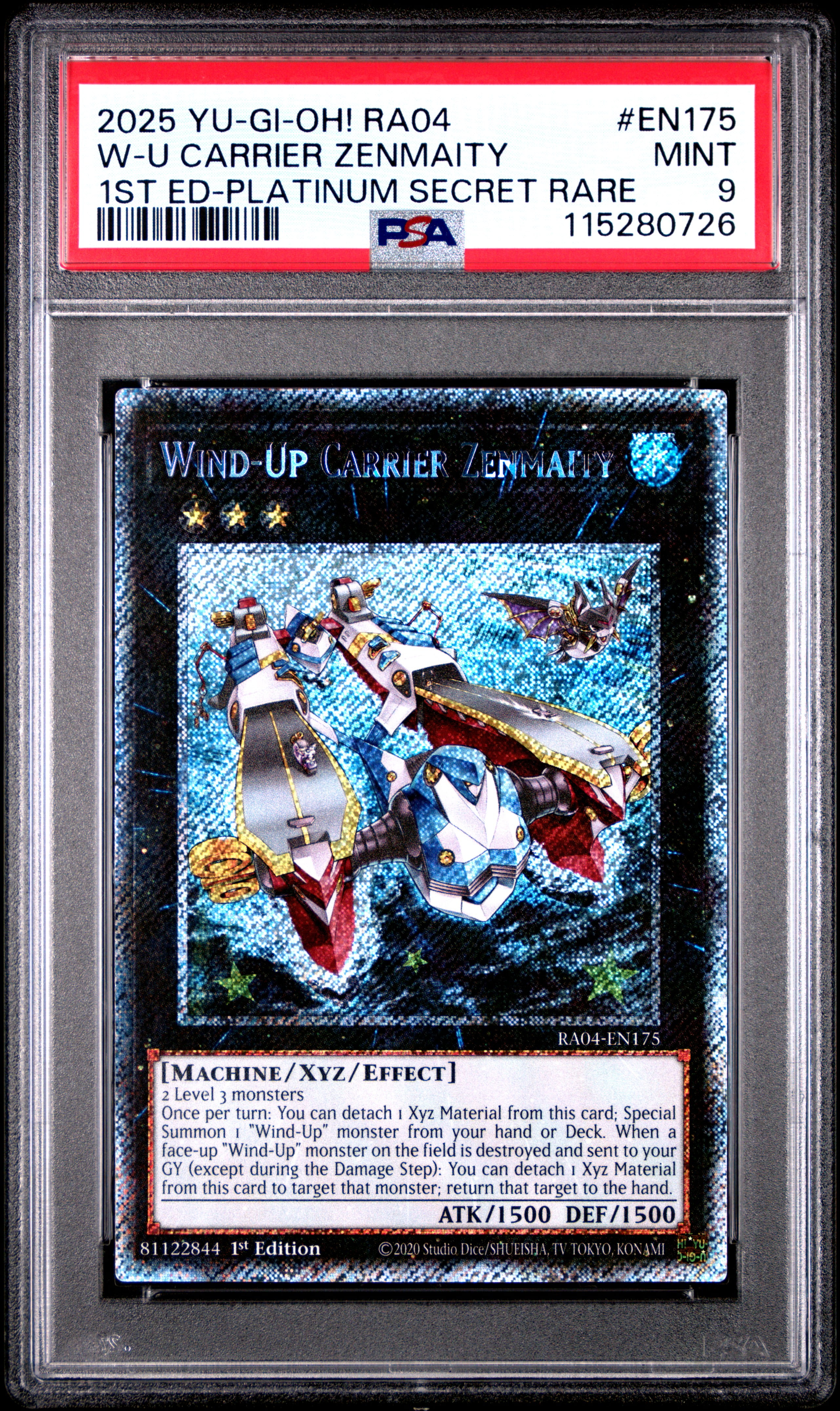Yu Gi Oh! TCG, PSA Graded 9 MINT, W U Carrier Zenmaity 1St Ed Platinum Secret Rare #EN175, Ra04 Quarter Century Stampede, Fully Encapsulated Bundle with Compatible Yu Gi Oh! Hard Sealed Case