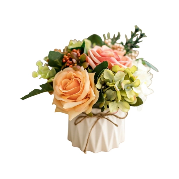 Pequeña Mesa para la Sala de Estar Ramo de Rosas Artificiales Rosas de Seda Flores en Macetas con Pequeño Jarrón de Cerámica Decoración de Flores Falsas para Mesas Casa Fiesta Oficina Cocina Comedor B