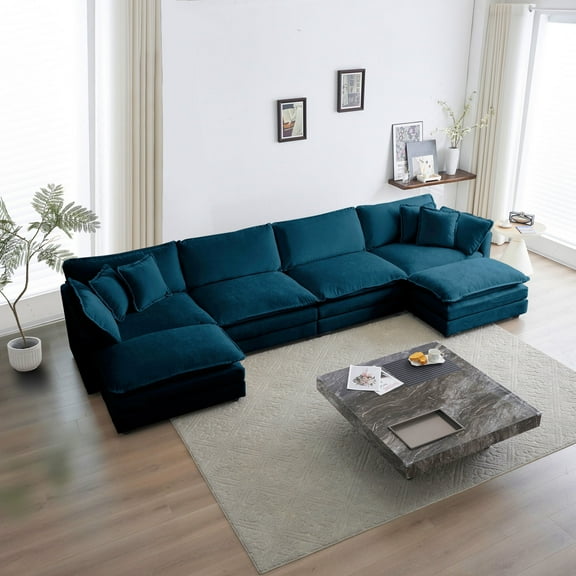 Newboti Furniture Comfort U Shaped Couch with Reversible Chaise, Modular Large U-Shape Sectional Sofa, Double Extra Ottomans,Blue Chenille 18880